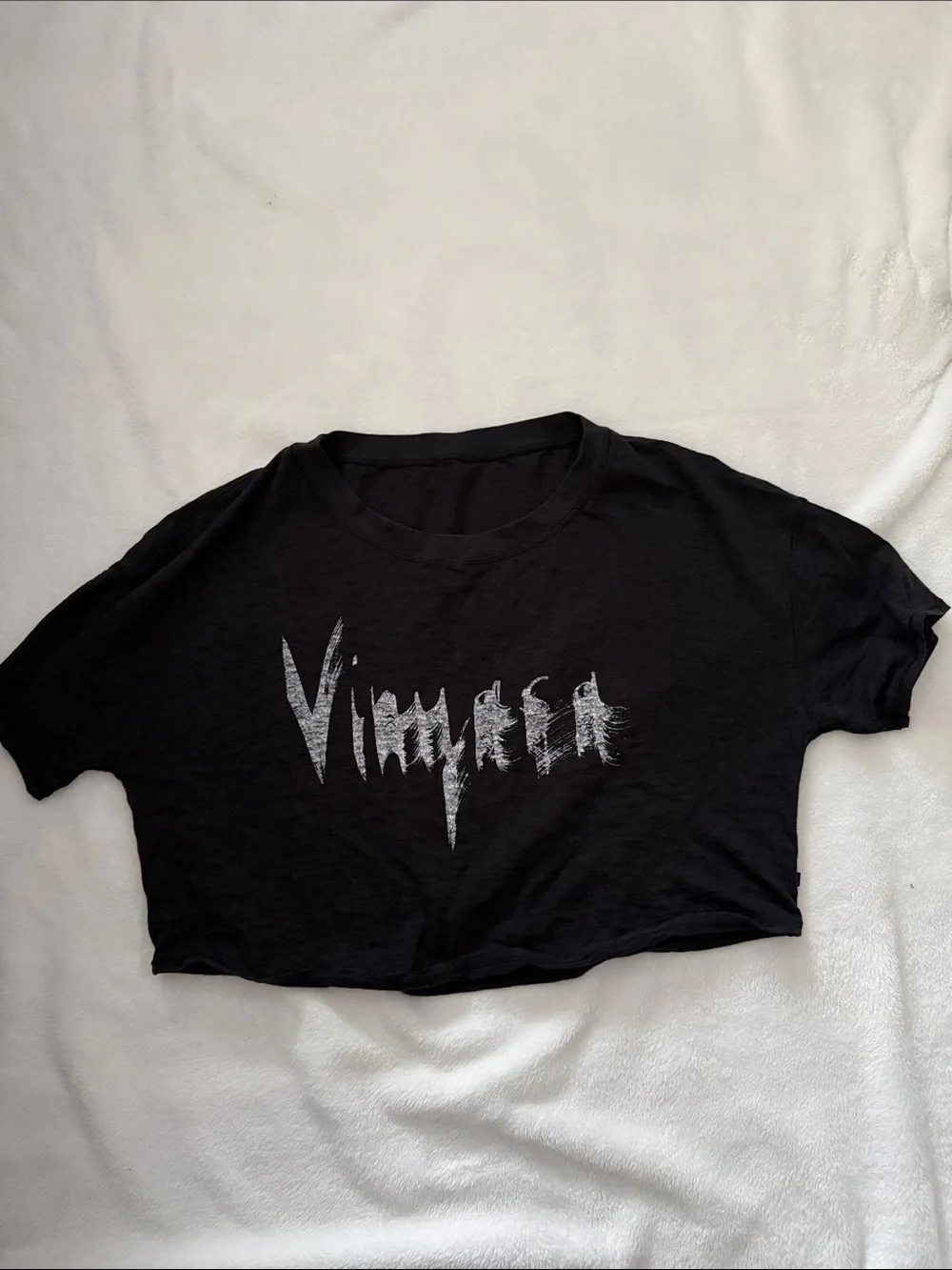 LULULEMON Black Cropped Graphic Tee with Distressed Silver Print